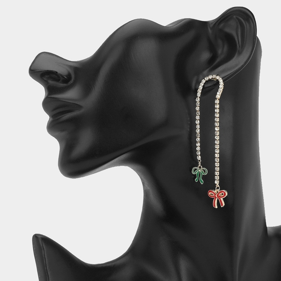 Sparkling Crystal Chain Enamel Bow Drop Earrings - Picture 1 of 3